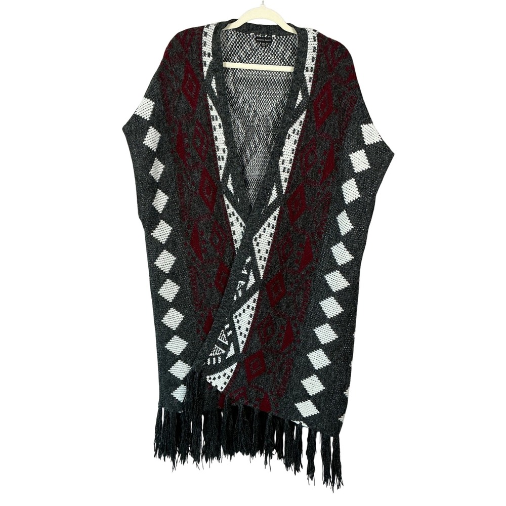 Rebecca Elliot Southwestern Geometric Fringe Kimono Poncho Cardigan Grey Red ML
